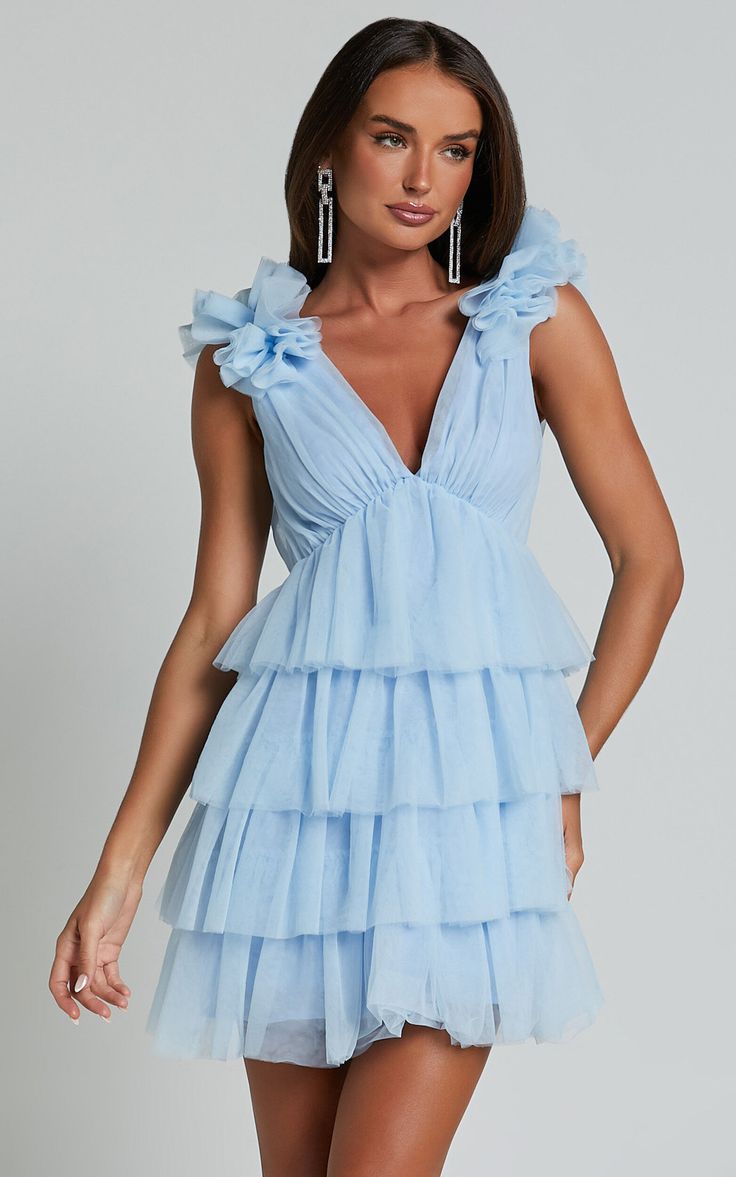 Hayden Mini Dress - Low Back Tulle Tiered Dress in Light Blue | Showpo USA Light Blue Ruffled Evening Dress, Sleeveless Light Blue Mini Dress For Wedding, Spring Blue Backless Party Dress, Flirty Backless Dress For Spring Prom, Chic Light Blue Backless Mini Dress, Light Blue Backless Summer Dress, Chic Light Blue Backless Dress, Blue Mini-length Backless Dress For Spring, Blue Mini Length Backless Dress For Spring