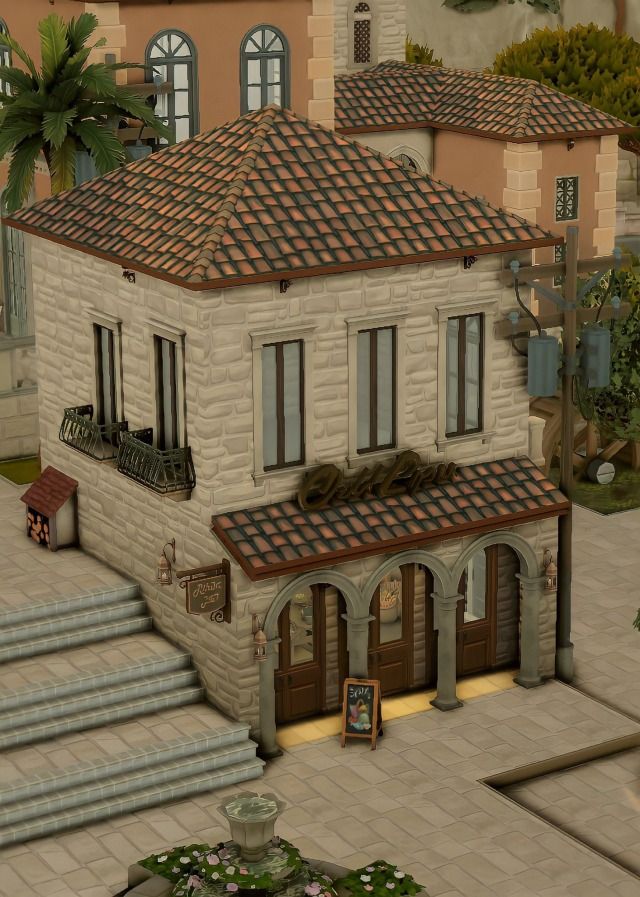 an animated house with steps leading up to the front door and stairs down to the second floor