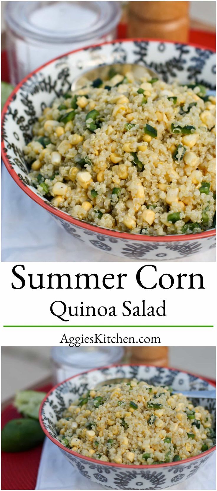 two bowls filled with quinoa salad on top of a table