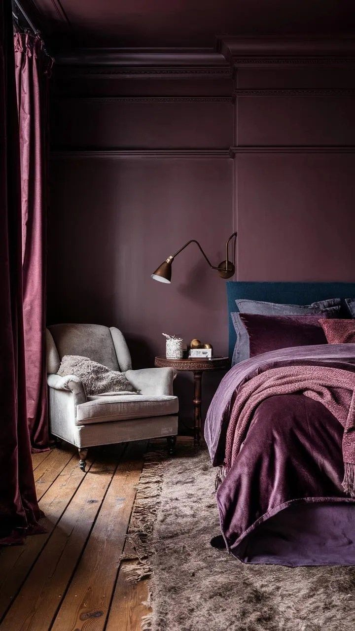 a bed with purple sheets and pillows in a dark room next to a white chair