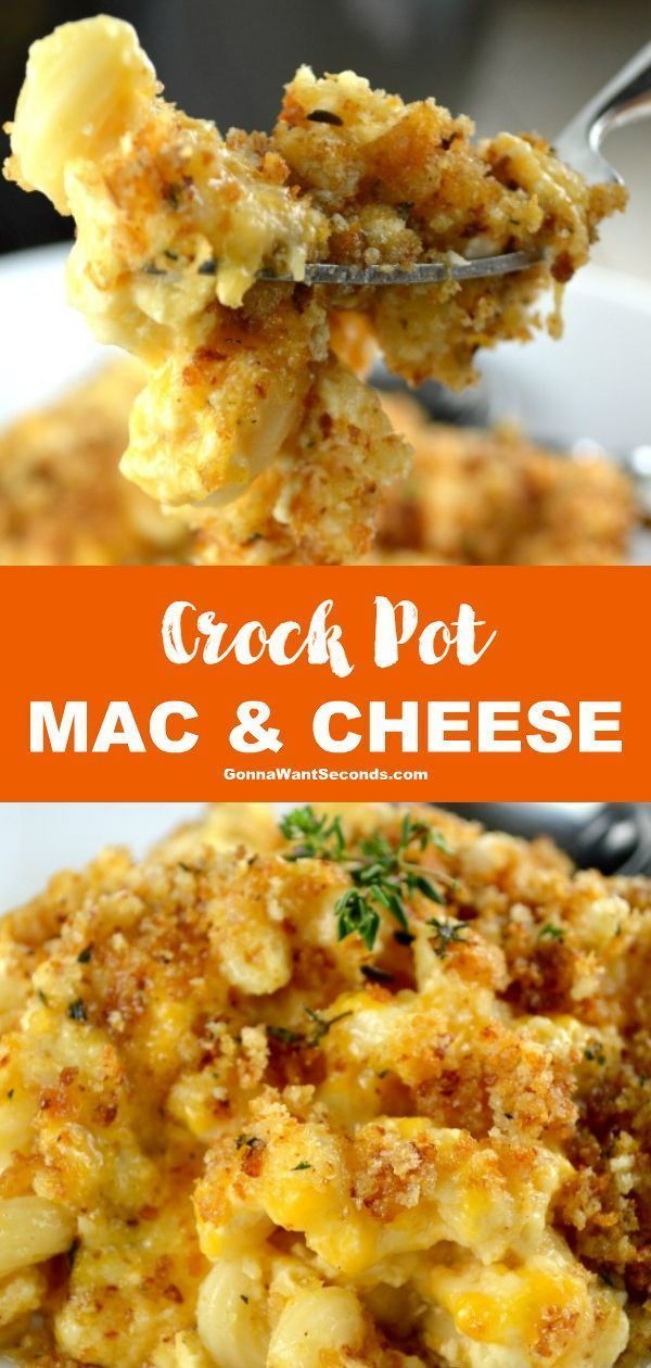 crock pot macaroni and cheese on a fork with the title above it