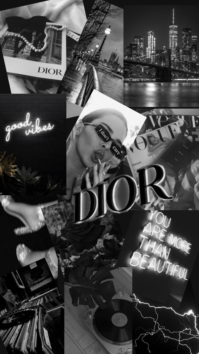 black and white collage with the word dior surrounded by images of city lights