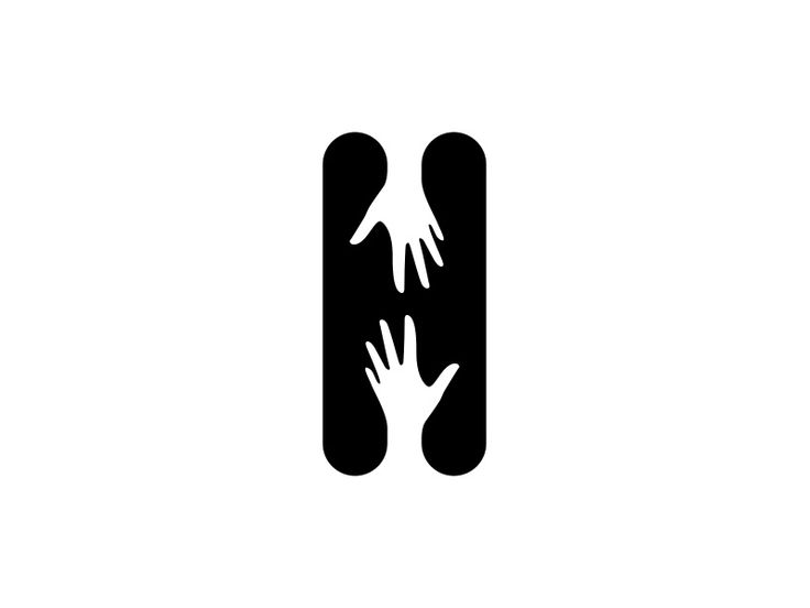 two hands reaching for each other in the middle of a black and white logo design