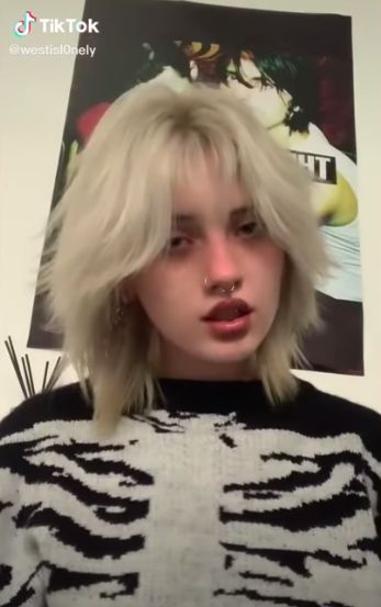 alt wolfcut hair platinum blonde Alt Wolfcut Hair, Alt Hair Ideas, Dyed Hair Hairstyles, Warped Reality, Aesthetic Person, Hair Platinum Blonde, Short Dyed Hair, Shoulder Length Hairstyles, Wolf Cuts