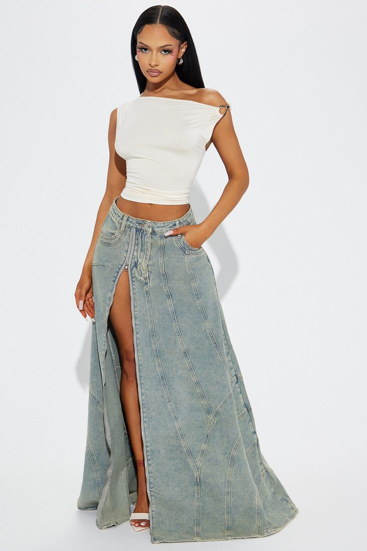 Available In Vintage Wash. Maxi Skirt High Rise Button & Zip Closure Front Hand Pockets Adjustable Front Zipper Seaming Detail Tinted Denim Non Stretch Disclaimer: Due To The Wash Process, Each Garment Is Unique. 78% Cotton 22% Polyester Imported | Show You The Way Tinted Denim Maxi Skirt in Vintage Wash size Medium by Fashion Nova Summer Outfits 2 Piece, Garment Photoshoot Ideas, Sweets Photoshoot, Beachy Fashion, Skirt Ideas, Long Jean Skirt, Southern Fashion, Under Your Spell, Denim Chic