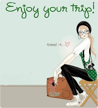 a woman sitting on top of a wooden chair holding a brown bag with the words enjoy your trip