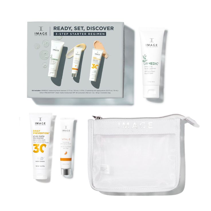 A $75 VALUE. ENJOY 25% SAVINGS WITH THIS SET. Get to know three IMAGE bestsellers in a curated skincare set that includes everything you need for a complete morning regimen. This starter set features mini sizes of our most-wanted cleanser, #1 facial serum and daily SPF moisturizer. Plus, the TSA-friendly sizes are ready to travel when you are. Spf Moisturizer, Skin Script, Collagen Drink, Lip Enhancement, Pca Skin, Body Shower, Skin Redness, Body Sunscreen, Sunscreen Moisturizer