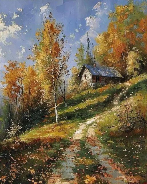 an oil painting of a house on a hill