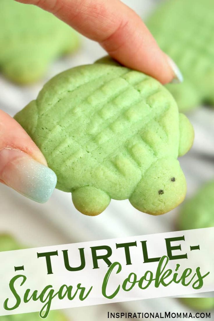 a hand holding a green turtle shaped cookie