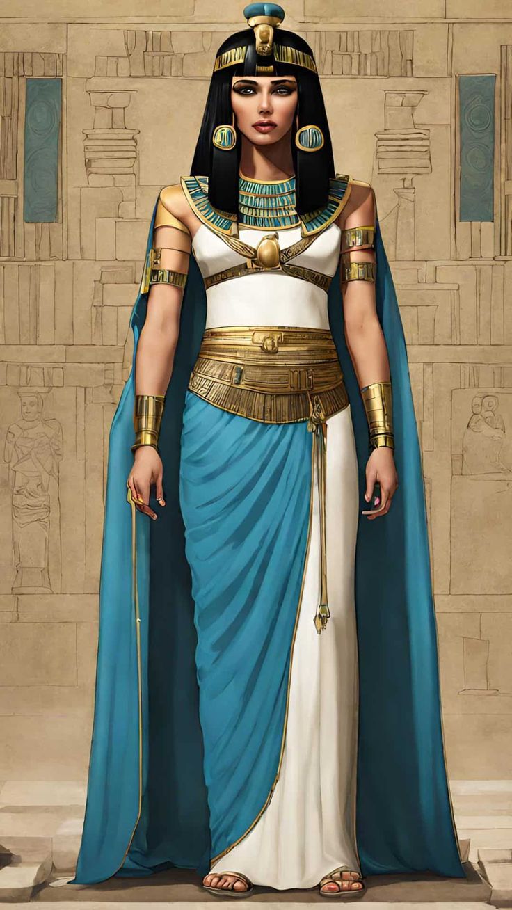 an egyptian woman dressed in blue, white and gold with her hands on her hips