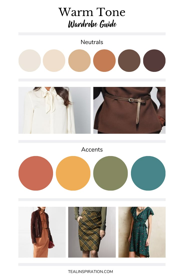 the warm tone guide for women's clothing, including brown and green hues