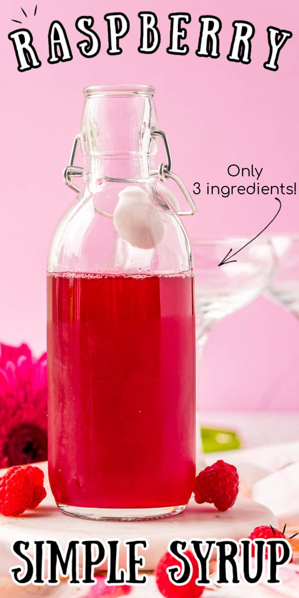 raspberry syrup in a glass bottle with the ingredients labeled on top and below