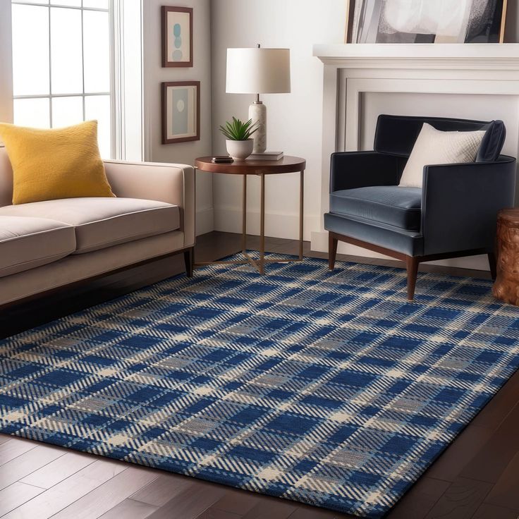 a living room filled with furniture and a blue rug