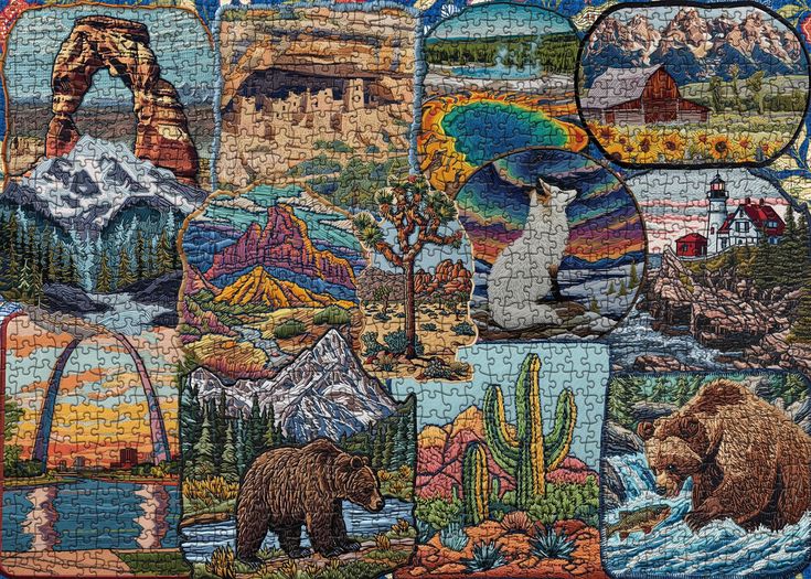 an image of a puzzle with animals and mountains in the background, as well as other images