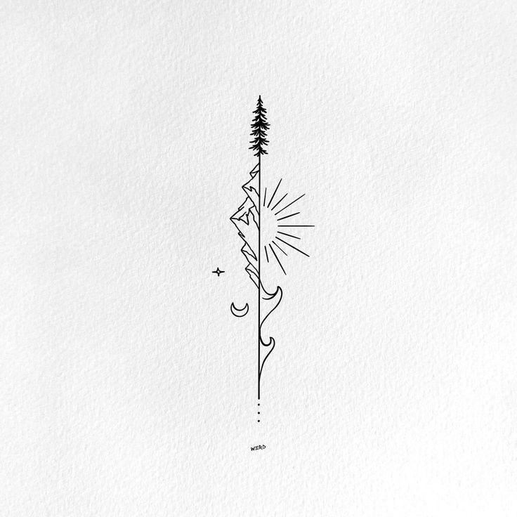 a black and white drawing of a pine tree with the sun coming out from behind it