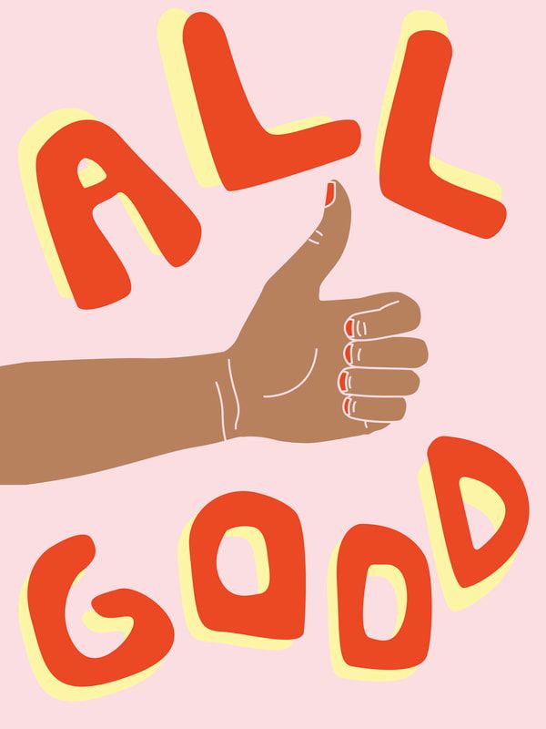 a hand giving the thumbs up with all good written below it on a pink background