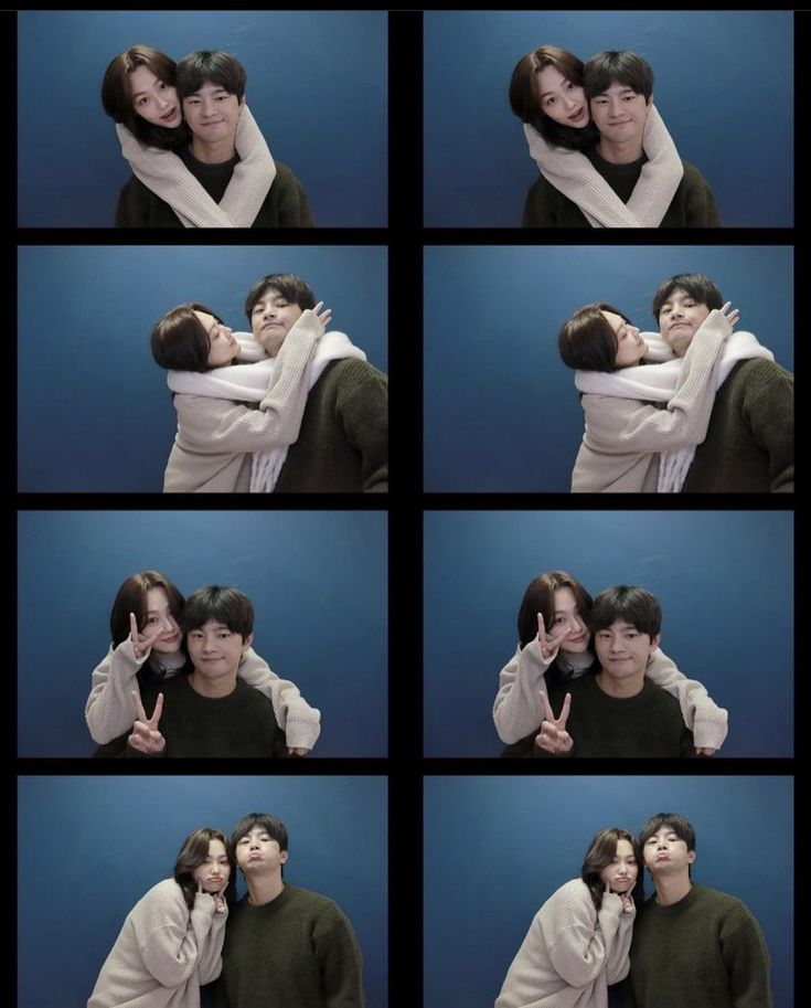 multiple shots of a man and woman hugging each other with their fingers in the air