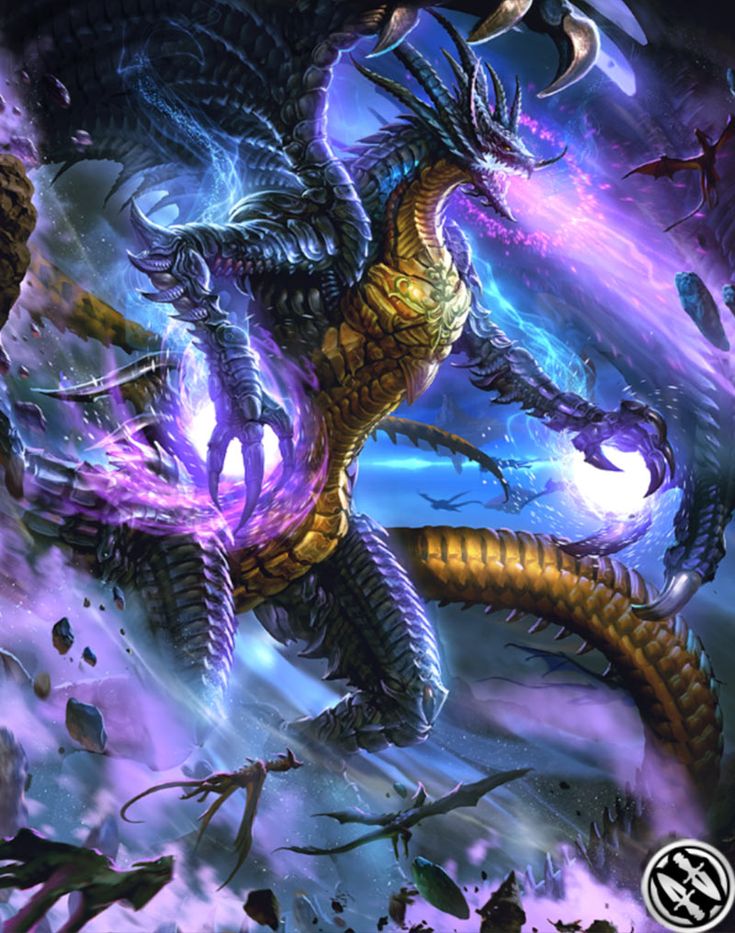 an image of a dragon in the air with purple and blue lights coming out of it