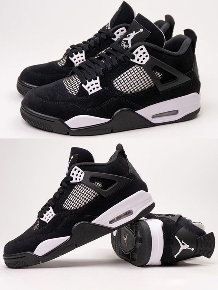 Jordan 4 Shoes Black, Jordan 4s White Thunder, Jordans Black And White, Jordan 4s Black, Retro 4 Jordans, Pretty Sneakers, Fly Shoes, Jordan Retro 4