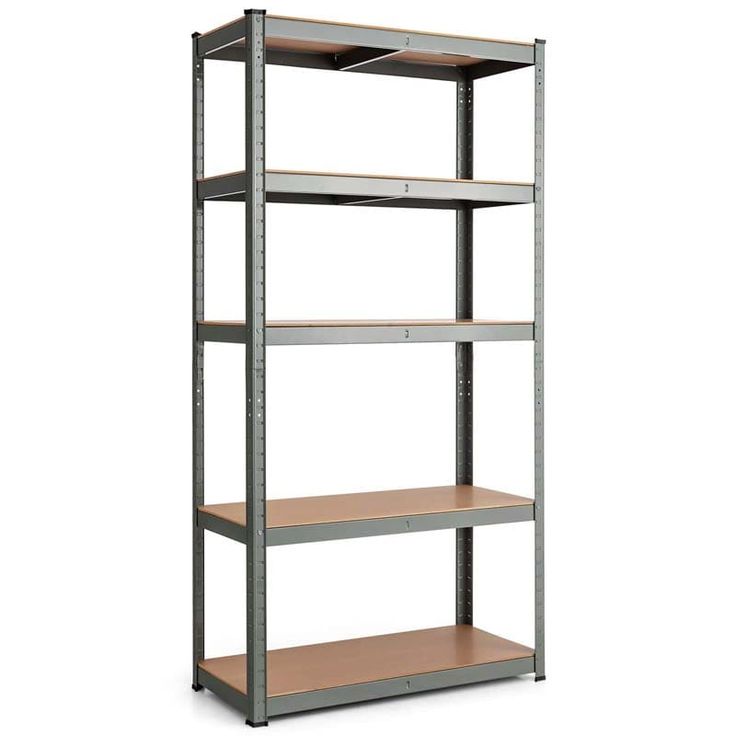 an empty metal shelving unit with three shelves on each side and one shelf below