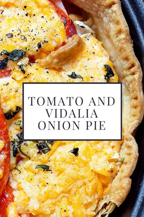 an omelet with tomatoes and spinach on top in a pie pan that says tomato and vidallia onion pie