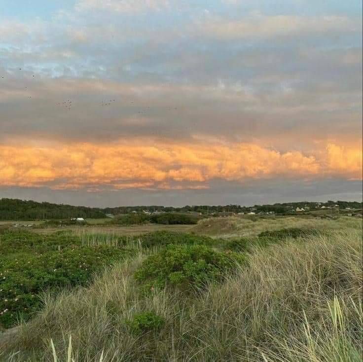 the sun is setting over an open field