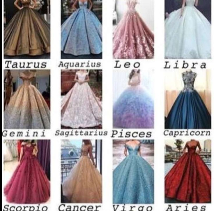 many different types of gowns are shown in this image, with the names below them