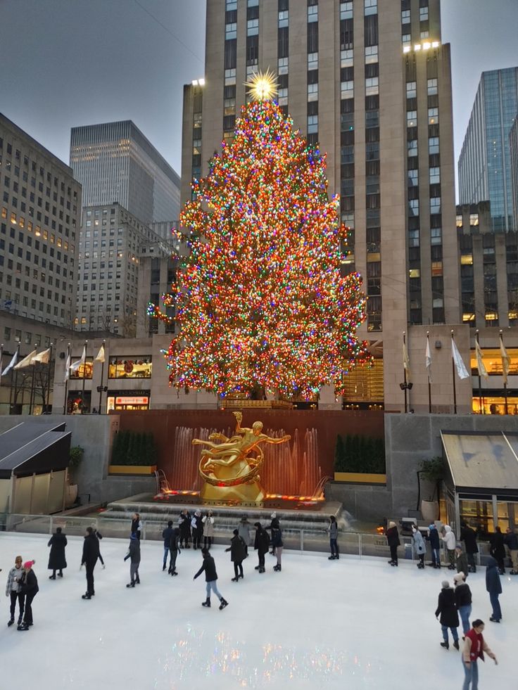 people skating on an ice rink in front of a large christmas tree with lights and decorations