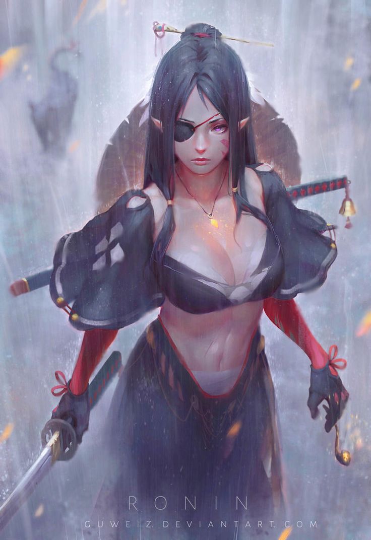 a woman dressed in black and red holding two swords with her hands behind her head