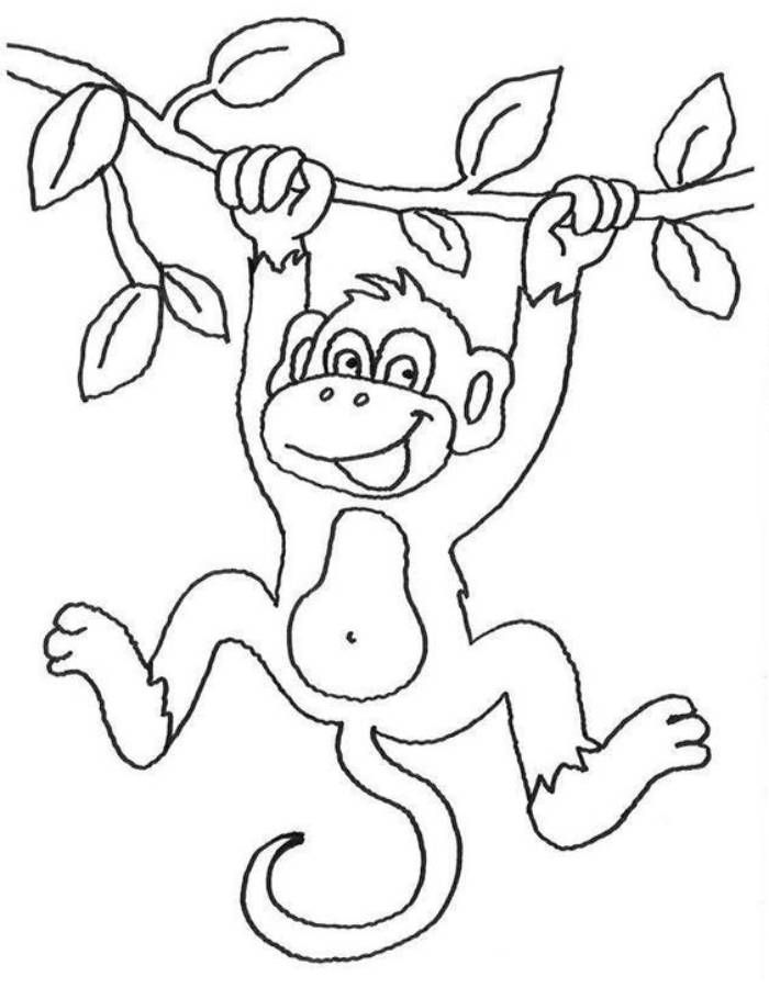 a monkey hanging from a tree branch with leaves on it's back, coloring page