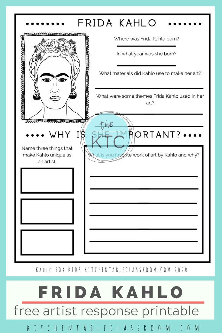 the frida kahlo worksheet with an image of frida kahlo