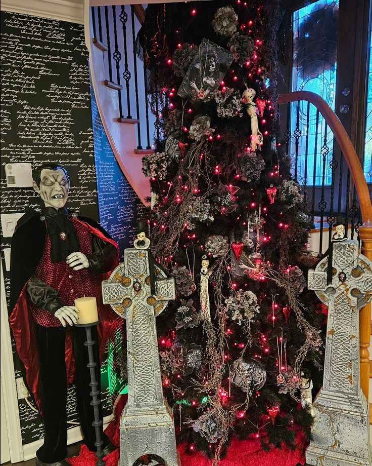 a christmas tree decorated with skulls and crosses