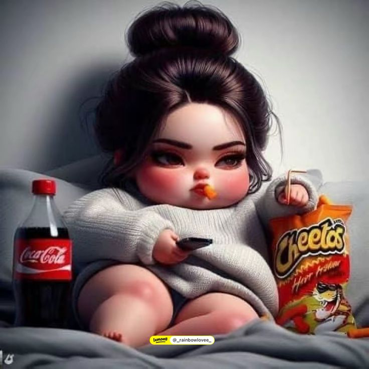 a doll sitting on top of a bed next to a bag of chips