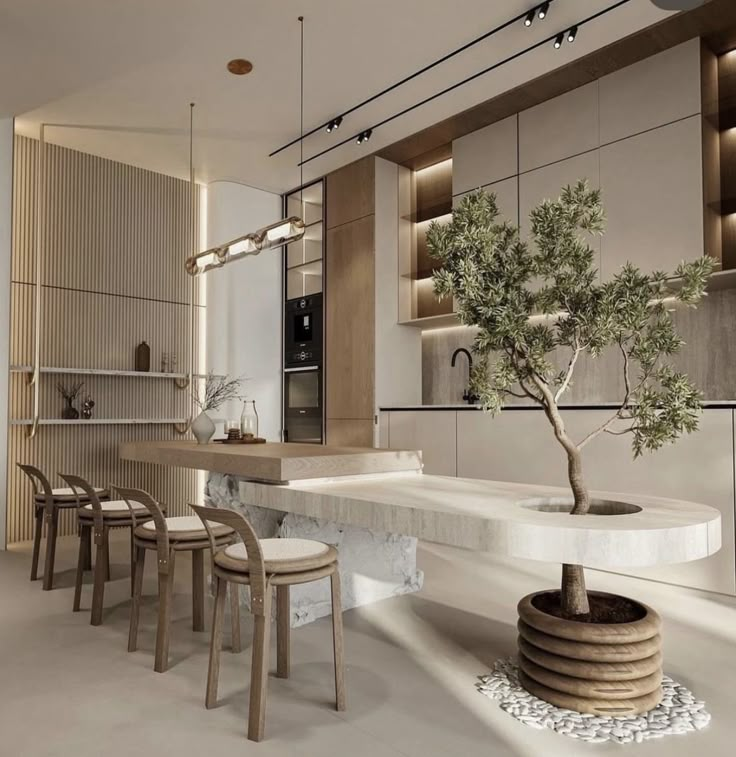 a dining room table with chairs and a bonsai tree in the center surrounded by lights