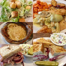 a collage of different types of food on plates