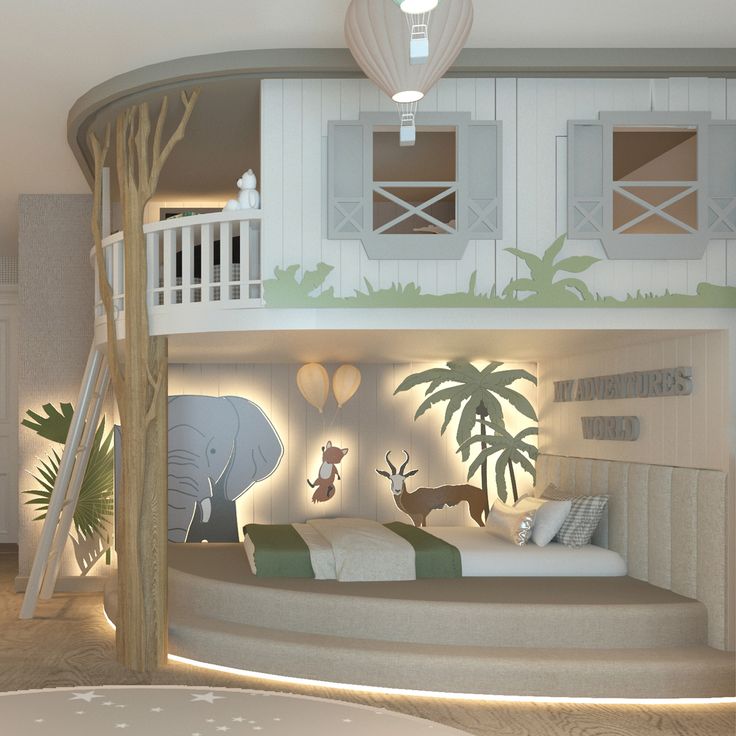 a bedroom with a loft bed and an elephant on the wall next to it is lit up by lights