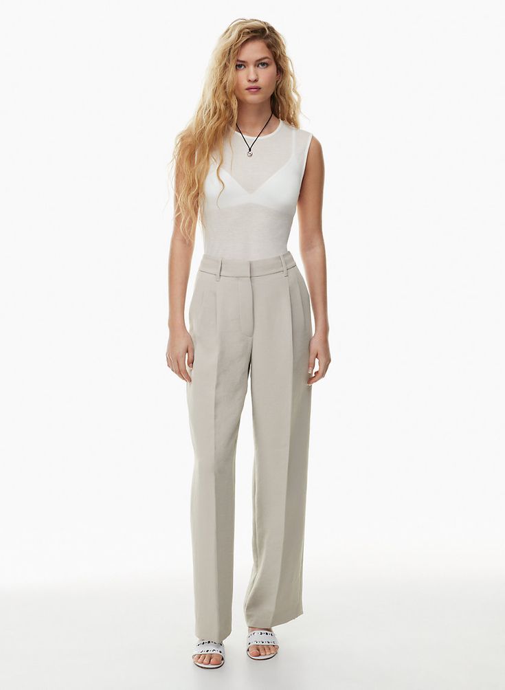 Effortless Pant, Wardrobe From Scratch, Crepe Trousers, Flattering Pants, Knife Pleats, Blush And Grey, Flare Top, Fashion Make Up, High Rise Pants