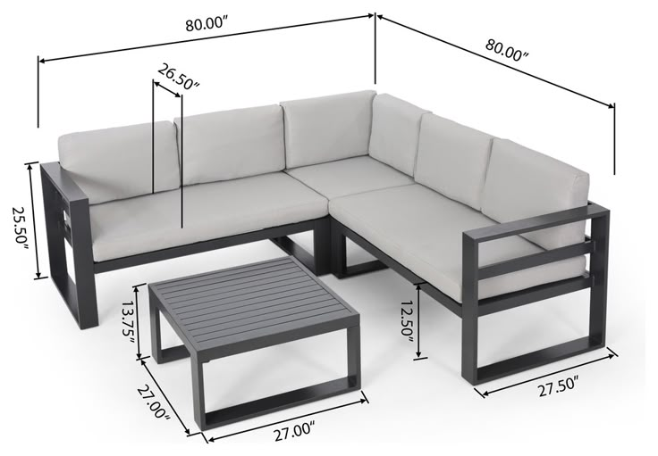 an outdoor sectional sofa and coffee table with measurements