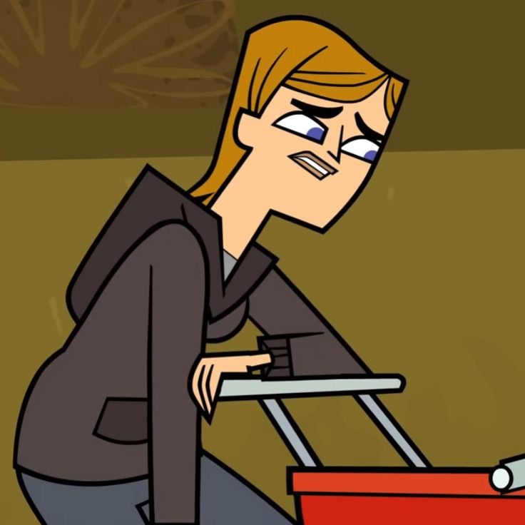 a cartoon woman pushing a cart with something on it and looking at the ground in front of her