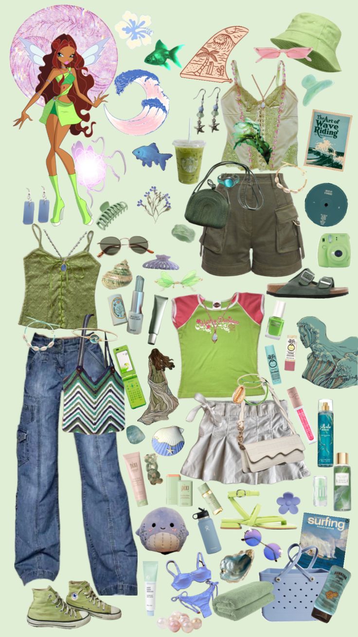 an assortment of clothing and accessories are arranged in the shape of a collage on a light green background