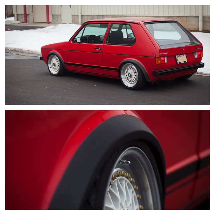 two pictures of a red car parked in front of a building