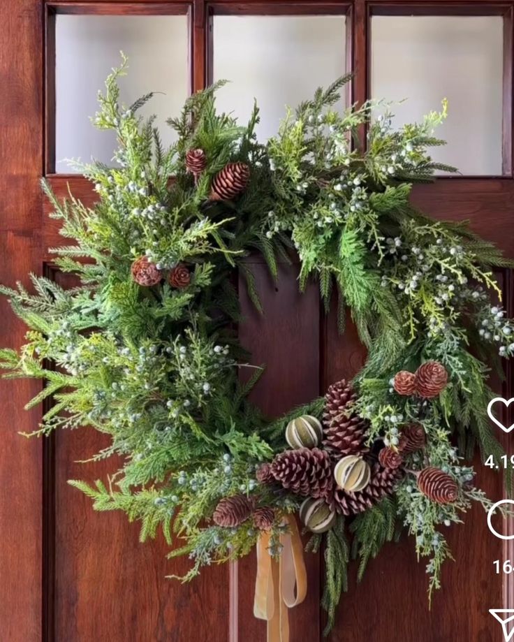 a christmas wreath with pine cones and evergreens hanging on the front door for decoration