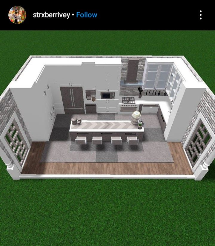 a 3d rendering of a kitchen and living room in a house with green grass on the ground