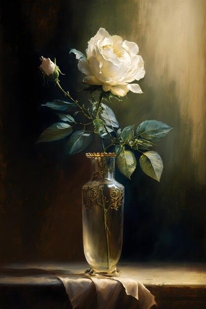 a painting of a white rose in a vase