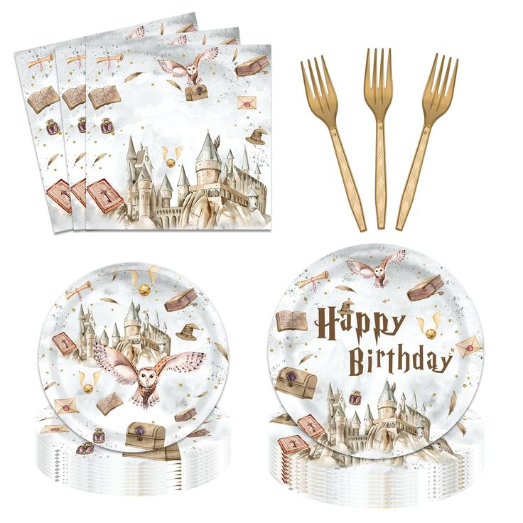 a set of paper plates and forks with an image of hogwart's castle on them