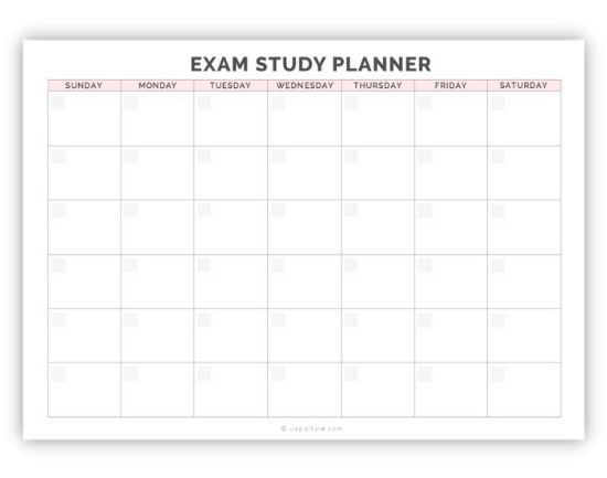 the printable exam study planner is shown in pink and white, with black lines