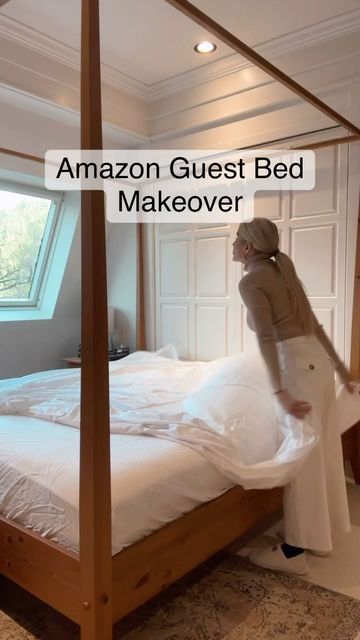 a woman standing in front of a bed with the caption amazon guest bed makeover