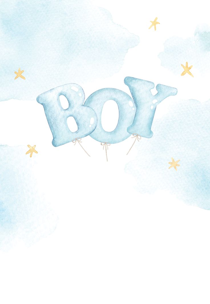 a watercolor painting of the word boo on a blue background with stars in the sky