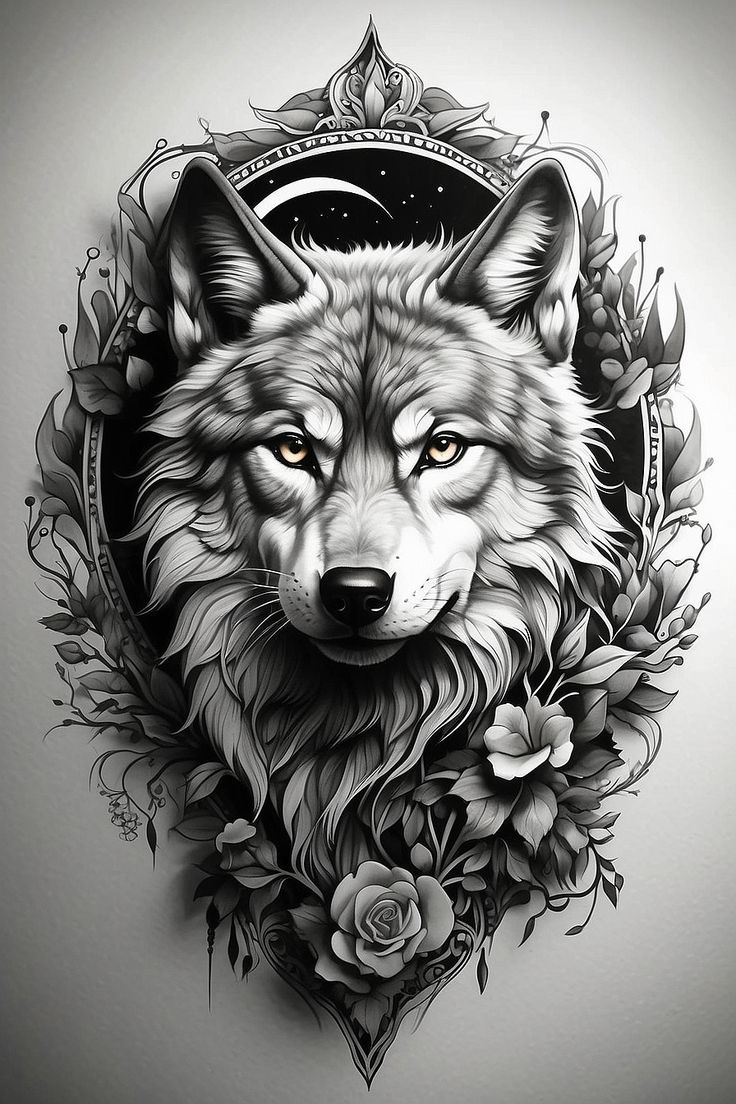 a wolf's head with flowers and leaves around it