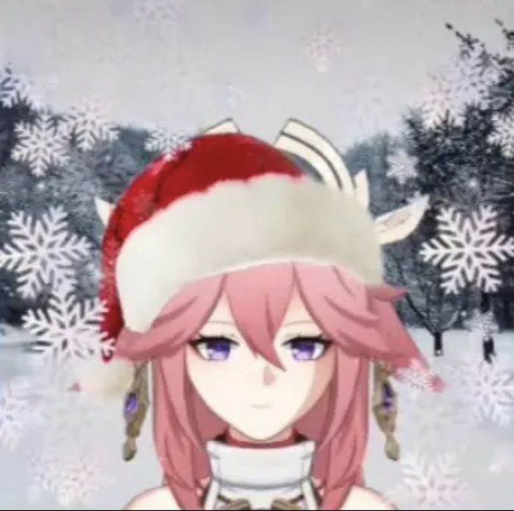 a girl with pink hair wearing a santa hat in front of snowflakes and trees